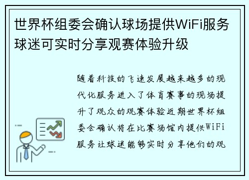 世界杯组委会确认球场提供WiFi服务球迷可实时分享观赛体验升级